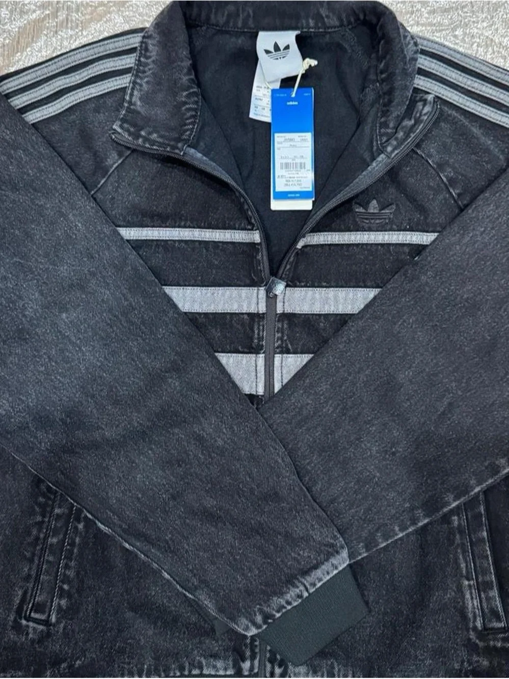 Brand New adidas Japan Black Washed Denim-Look Track Jacket with Gray Stripes